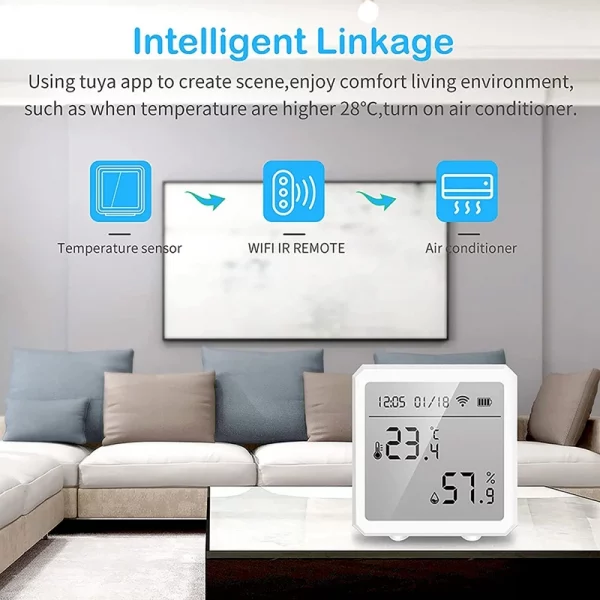 Smart Wifi Temperature Humidity Sensor,Built-In Clock And Time Display, With Tuya App,Compatible With Alexa,Google Home 2