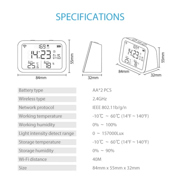 Tuya WiFi Temperature Humidity Sensor 2.4GHz 4 in 1 Thermometer Hygrometer Gauge LCD Digital Display Bluetooth-compatible 5.0 6