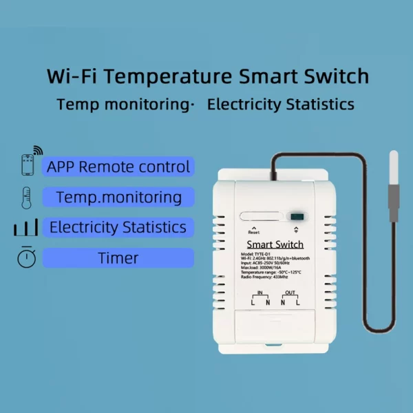 Tuya TH-16 Smart Wifi Switch 16A/3000W Monitoring Temperature Sensor RF433 remote Control Compatible with Alexa Google Home 6