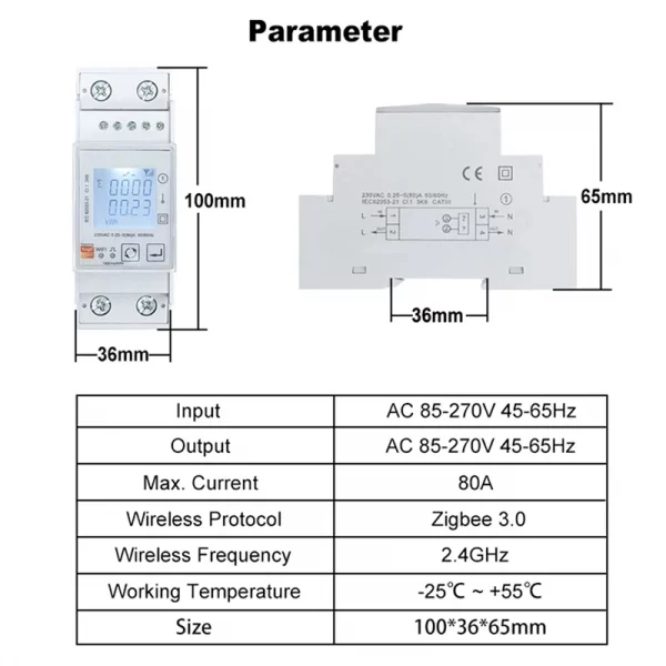2X Tuya Smart Zigbee Energy Meter Single Phase 80A Din Rail Power Monitor Kwh Wattmeter Voltmeter 110V 220V 50/60Hz 6